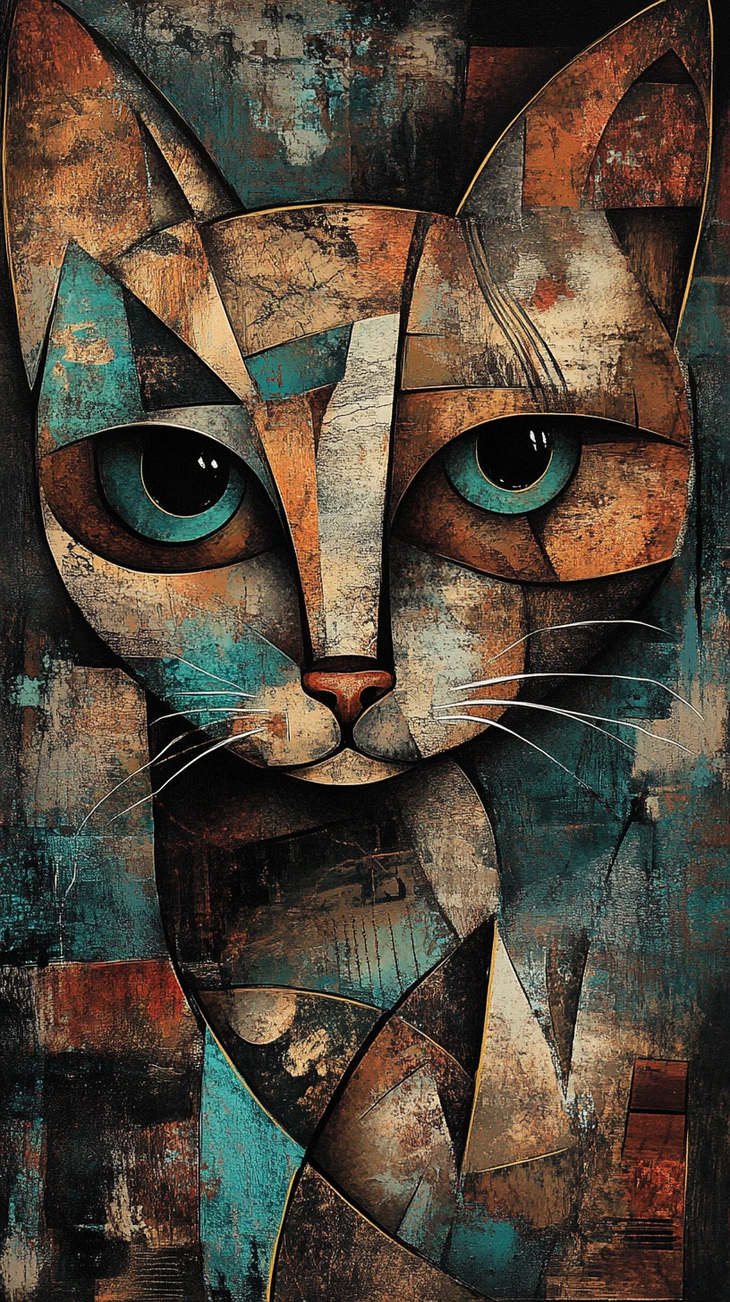 Retrato surrealista cubista de gato en formas geométricas fragmentadas