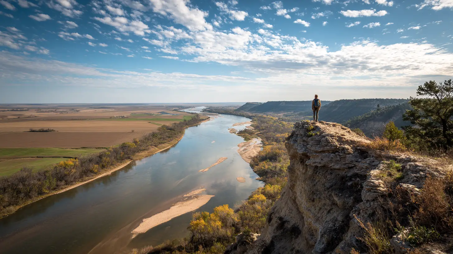 Frau mit Blick auf Flussklippen in heller Landschaftskunst