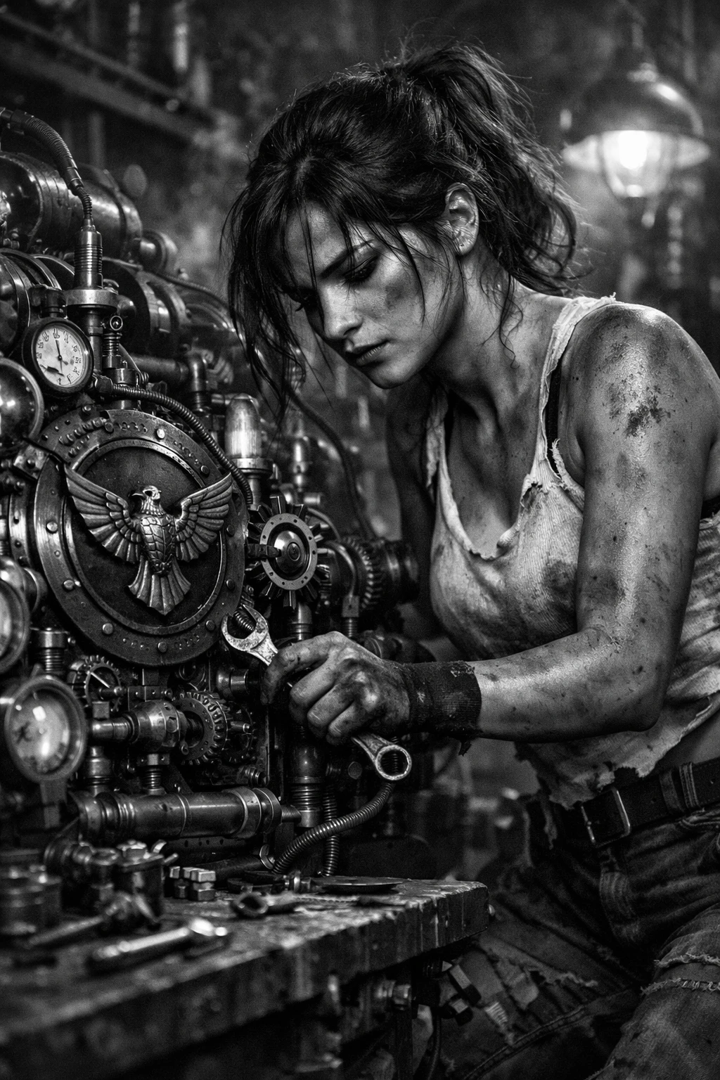 Determined female mechanic repairing steampunk machine in workshop