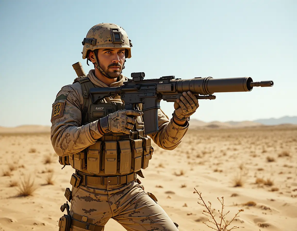 Soldado Mirando Lança-Foguetes em Cena de Combate no Deserto Claro