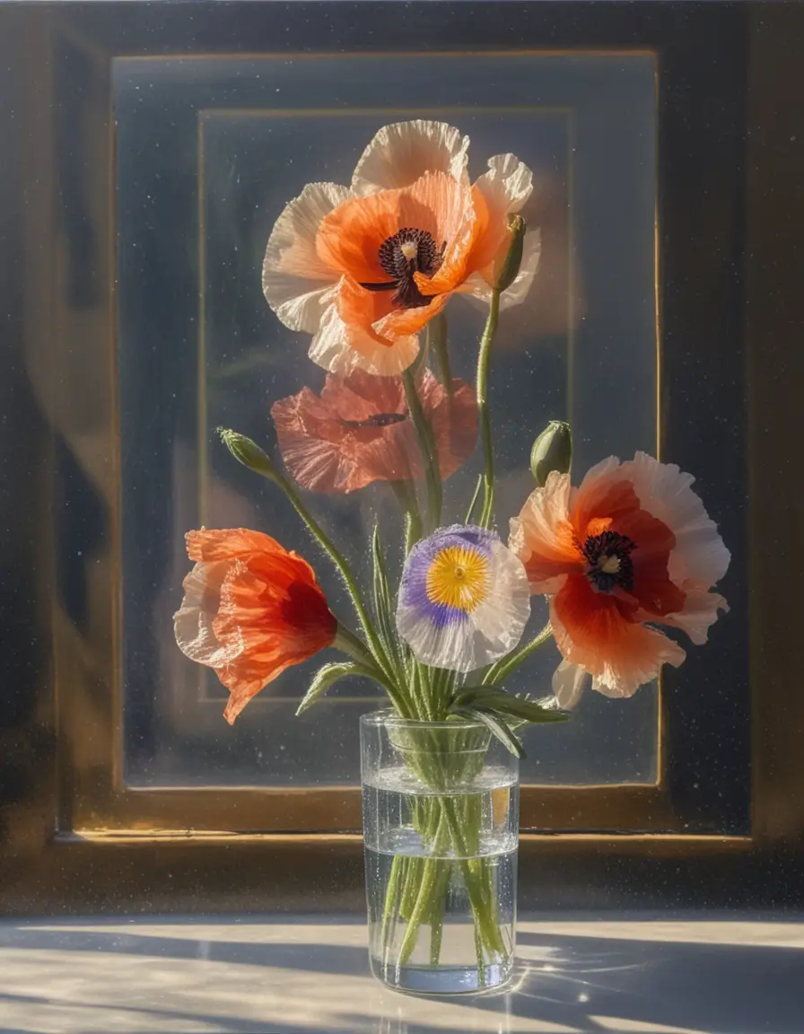 Drei Mohnblumen in einer Glasvase vor graviertem Iris-Hintergrund