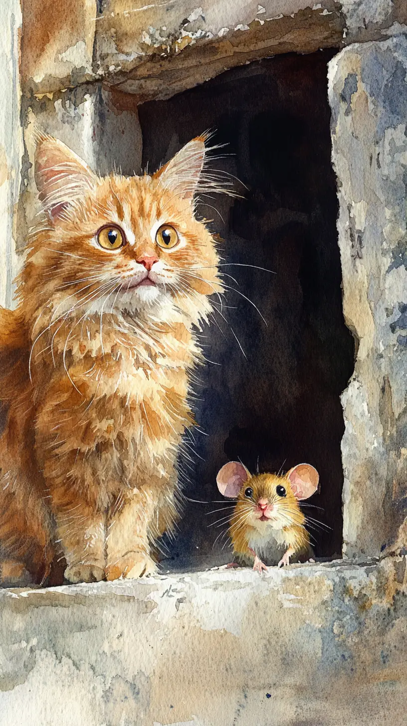 Aquarellkatze beobachtet ein Mausloch in rustikaler Küche