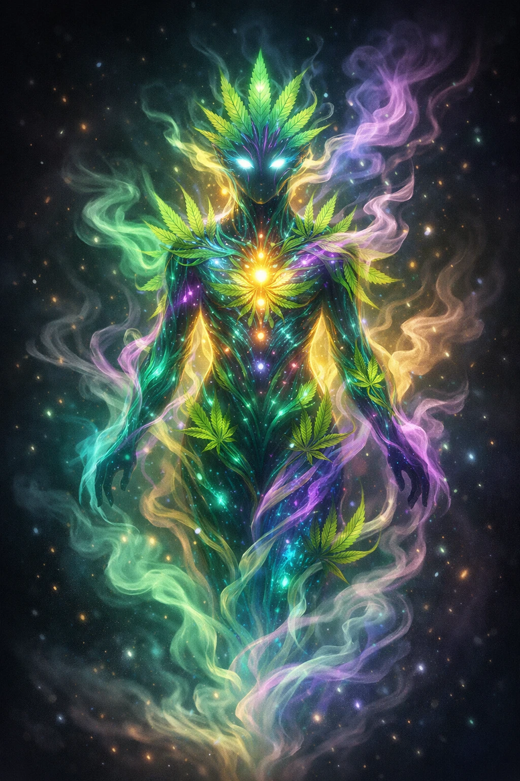 Spirito astratto di cannabis fatto di fumo con energia al neon luminosa