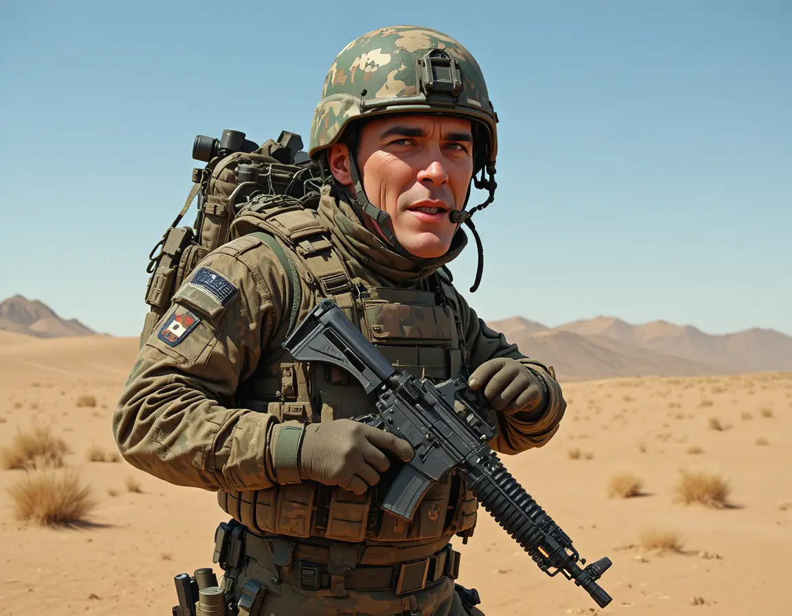 Bewaffneter Soldat in Tarnuniform steht in hellem Wüstengebiet