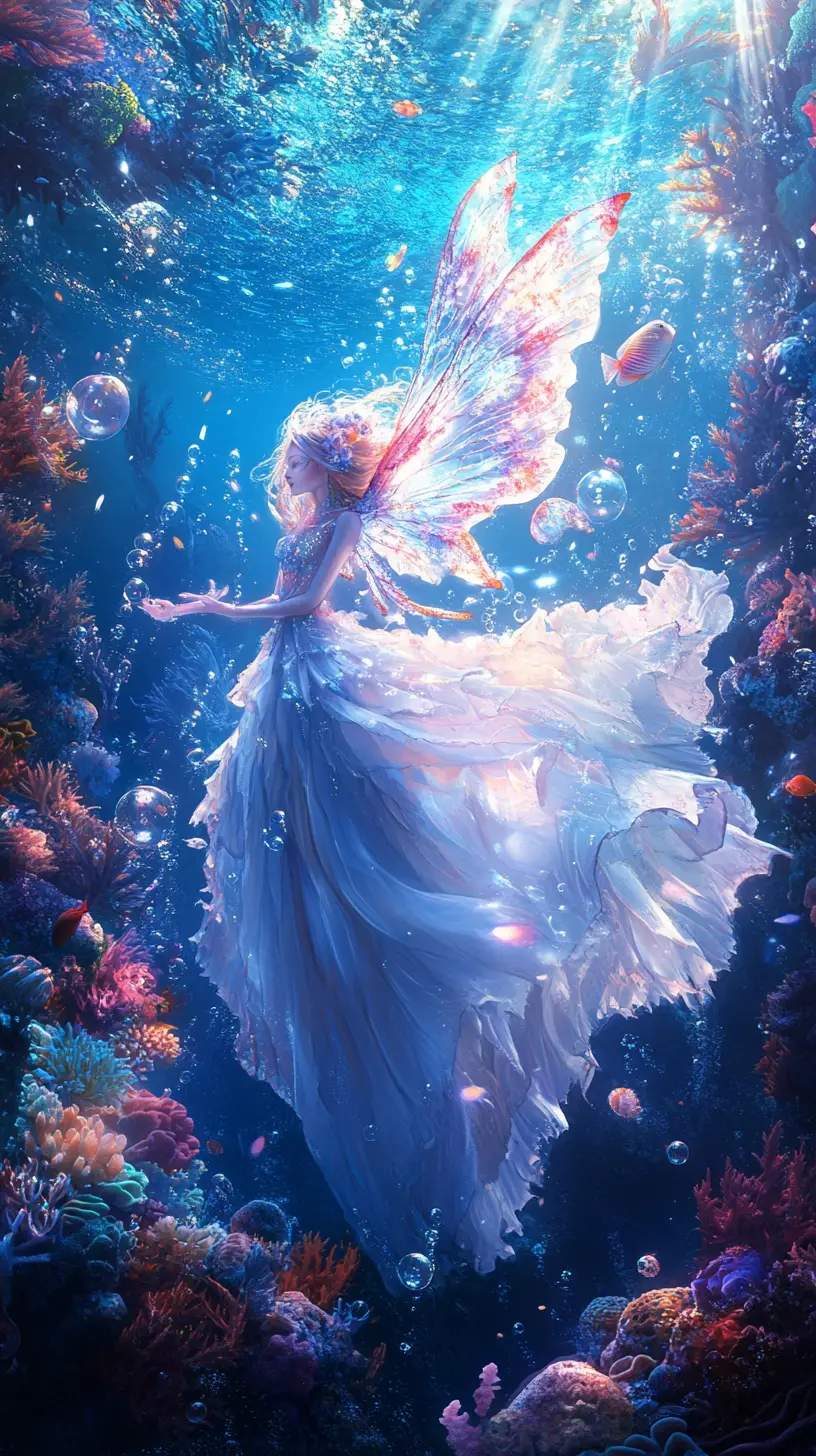 Fée majestueuse sous-marine parmi coraux et bulles scintillantes