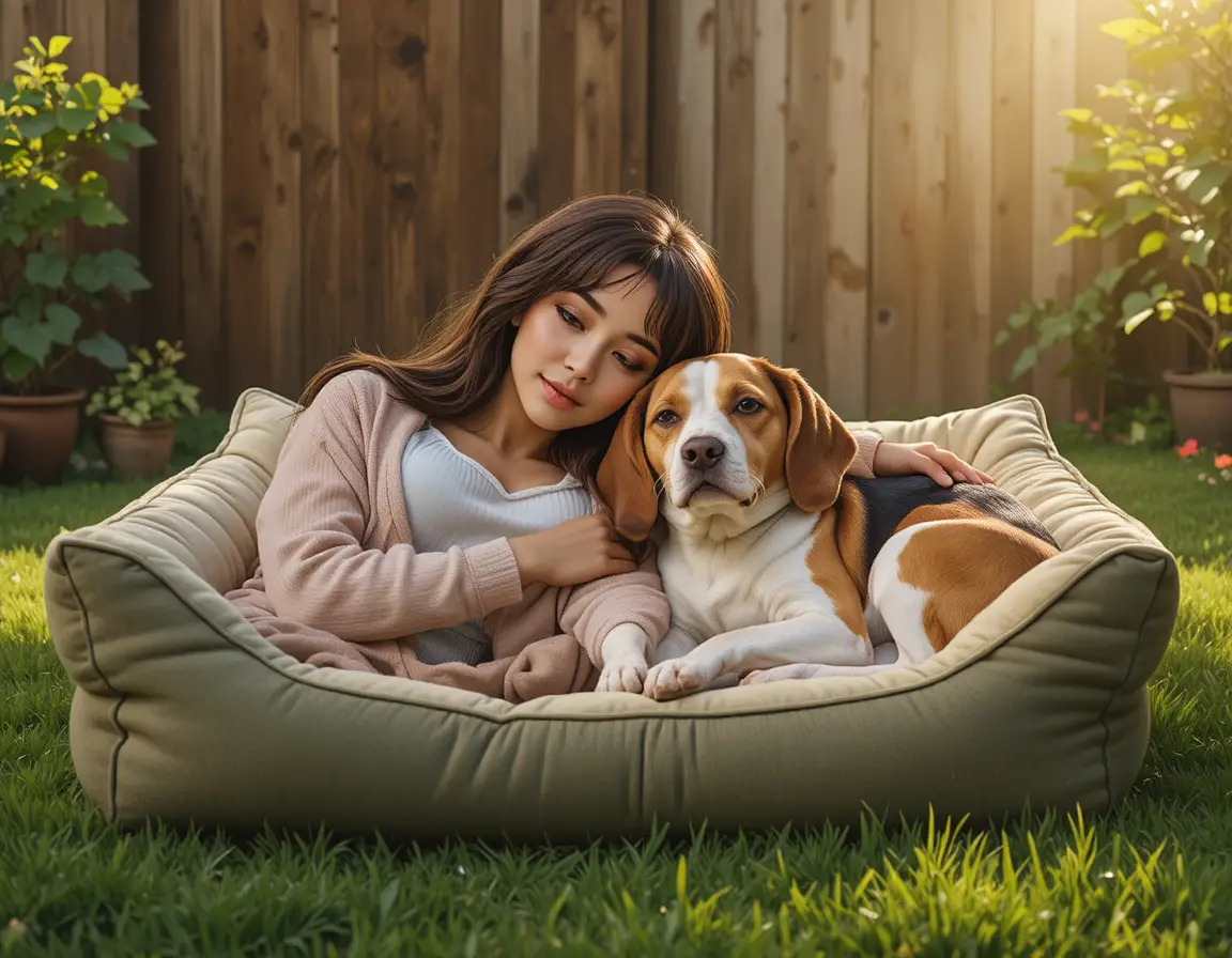 Two pet dogs sleeping together on a sunny garden bed