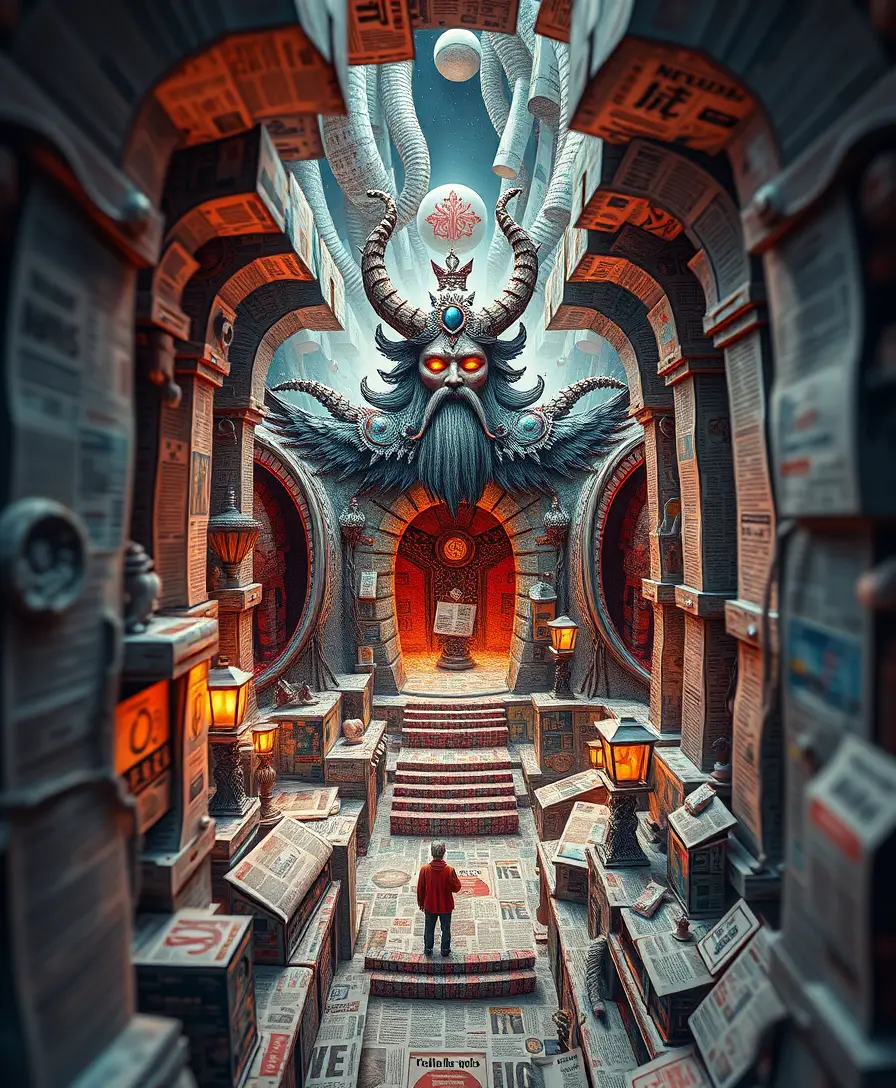 Playful News Deity Wandering Through A Surreal Labyrinth