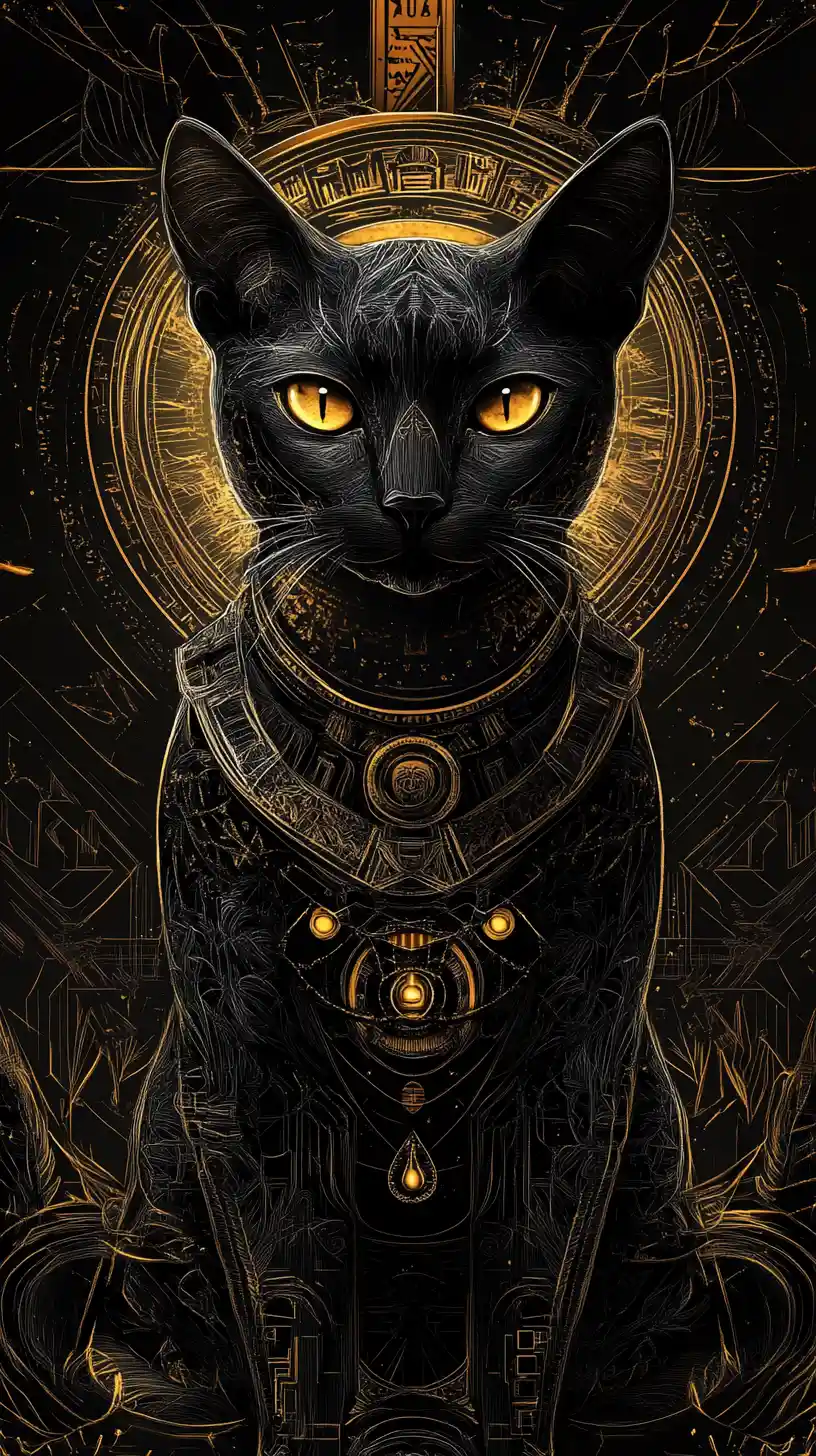 Maestosa statua di gatto Bastet nero in un palazzo egiziano fantasy