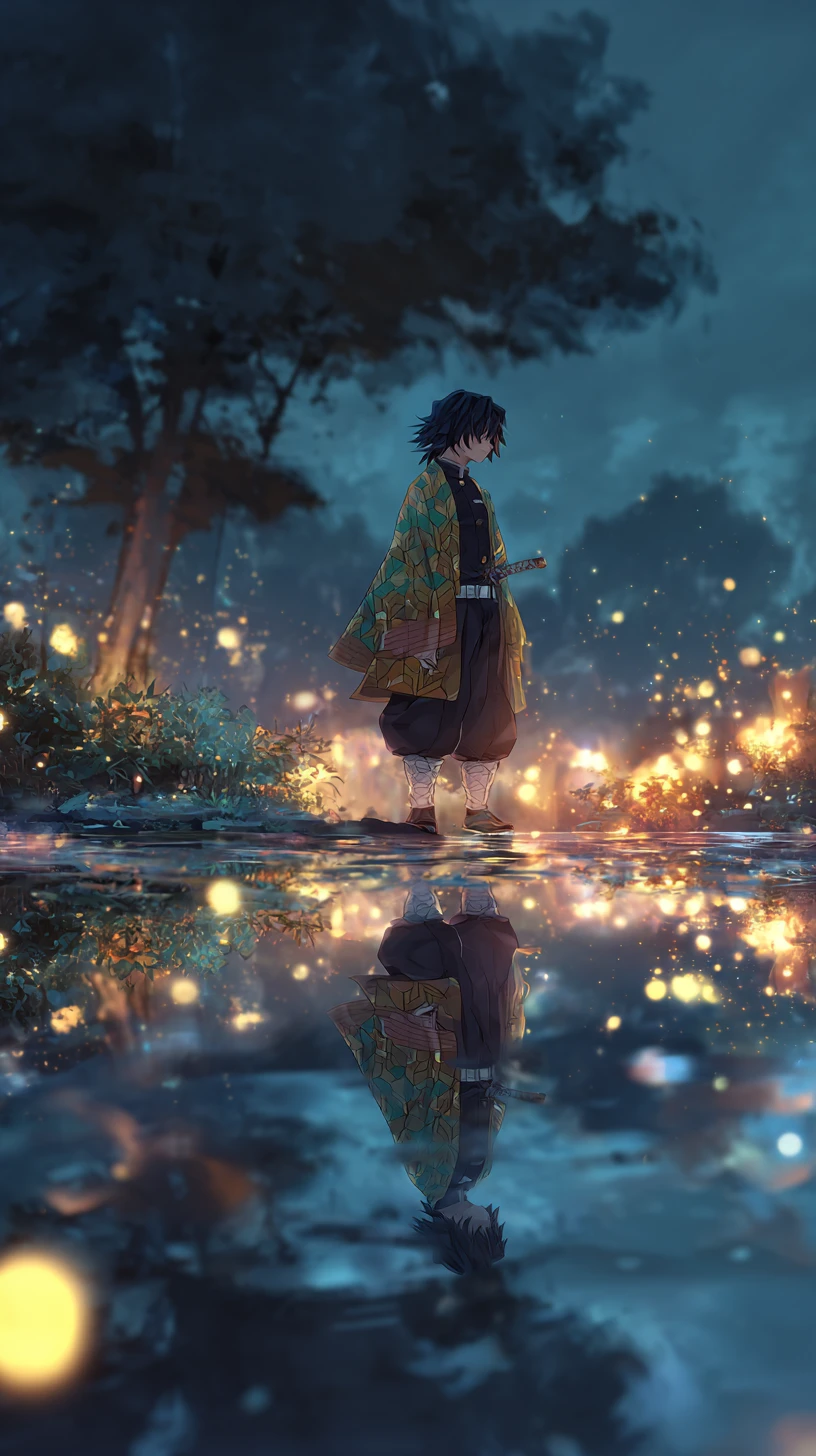 Garçon d’anime dans une forêt au clair de lune avec reflet scintillant sur l’eau