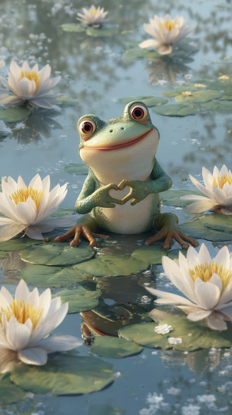 Rana sorridente che forma un cuore tra fiori di ninfea su un lago