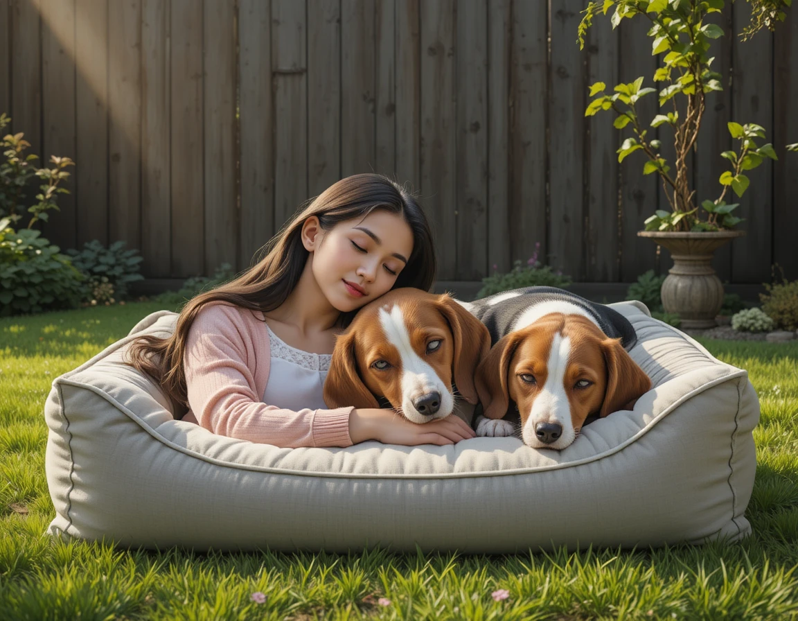 Dois cães dormindo juntos em uma cama macia para cachorro ao ar livre