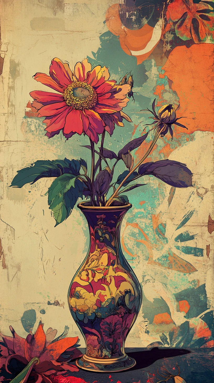 Illustrazione art déco colorata di un vaso con un unico fiore