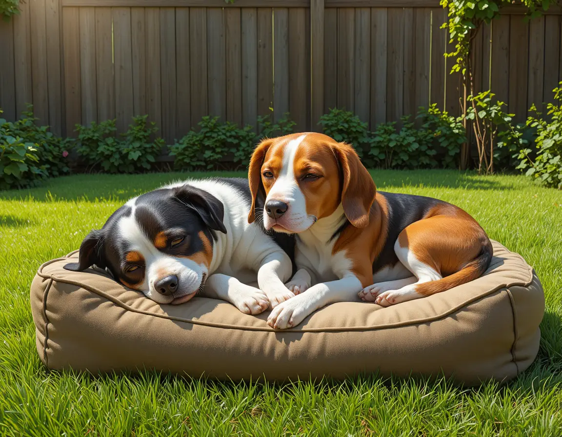 Two sleeping dogs cuddled together on an outdoor bed