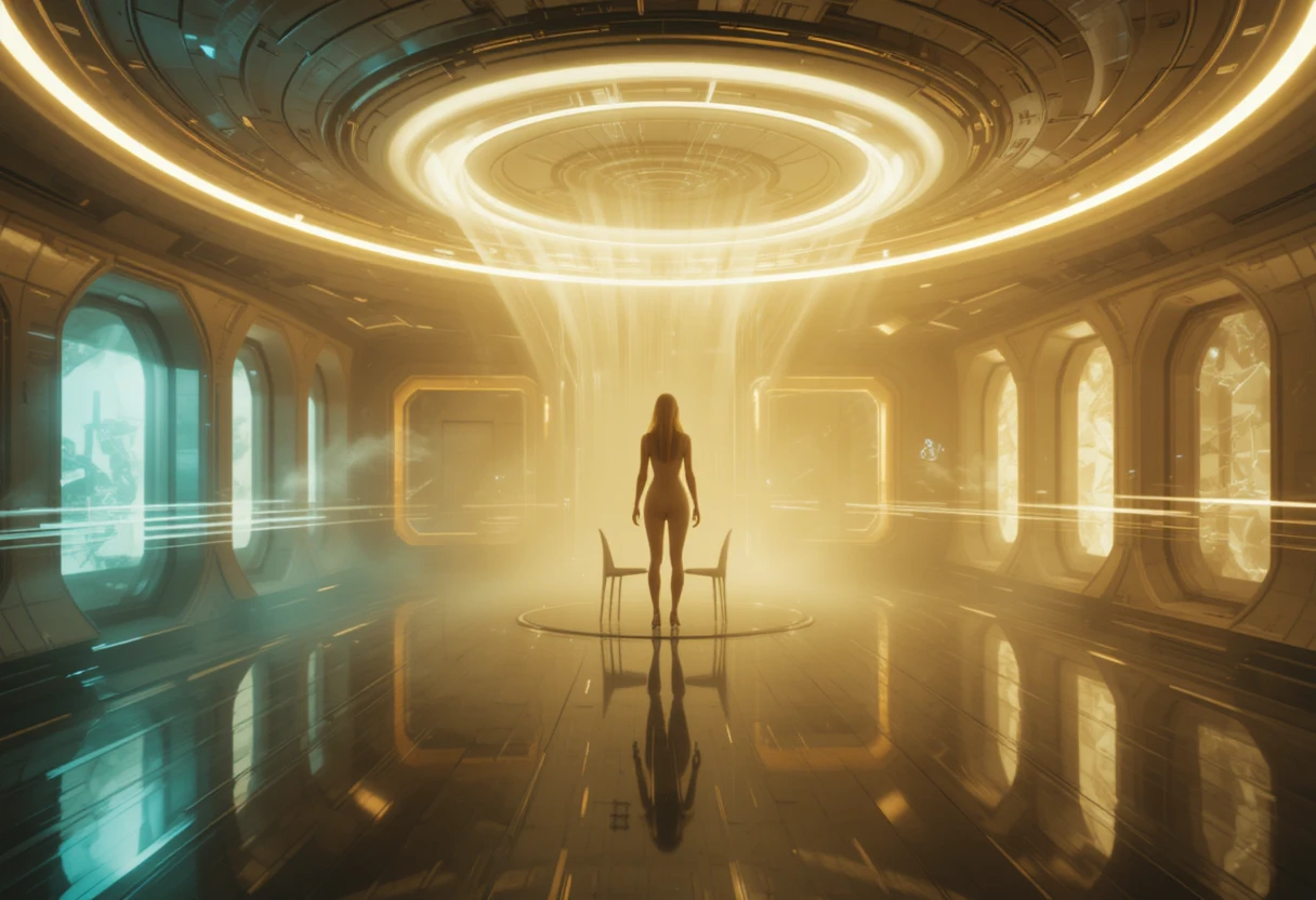 Futuristischer Raum mit einer einsamen Figur in einem UFO