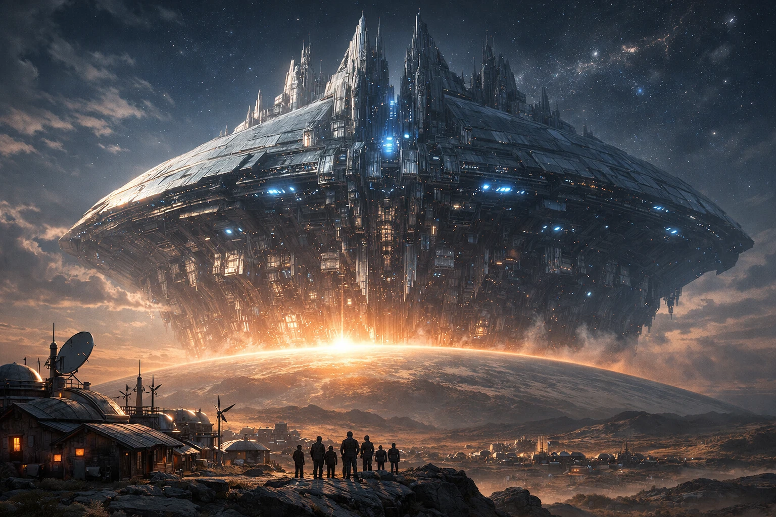 Vast alien starship rising above a distant planet village