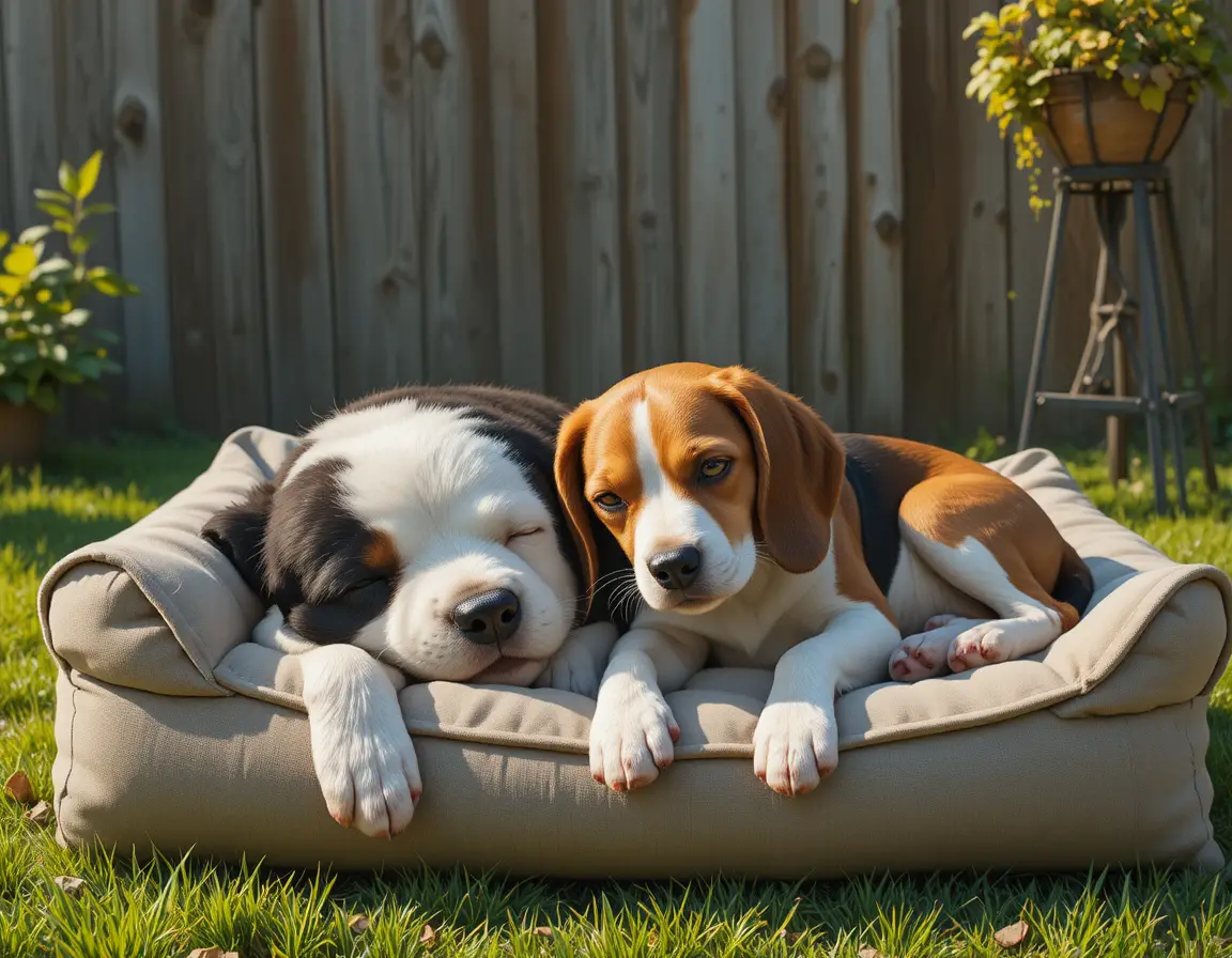 Two dogs sleeping together on a soft bed in sunlight