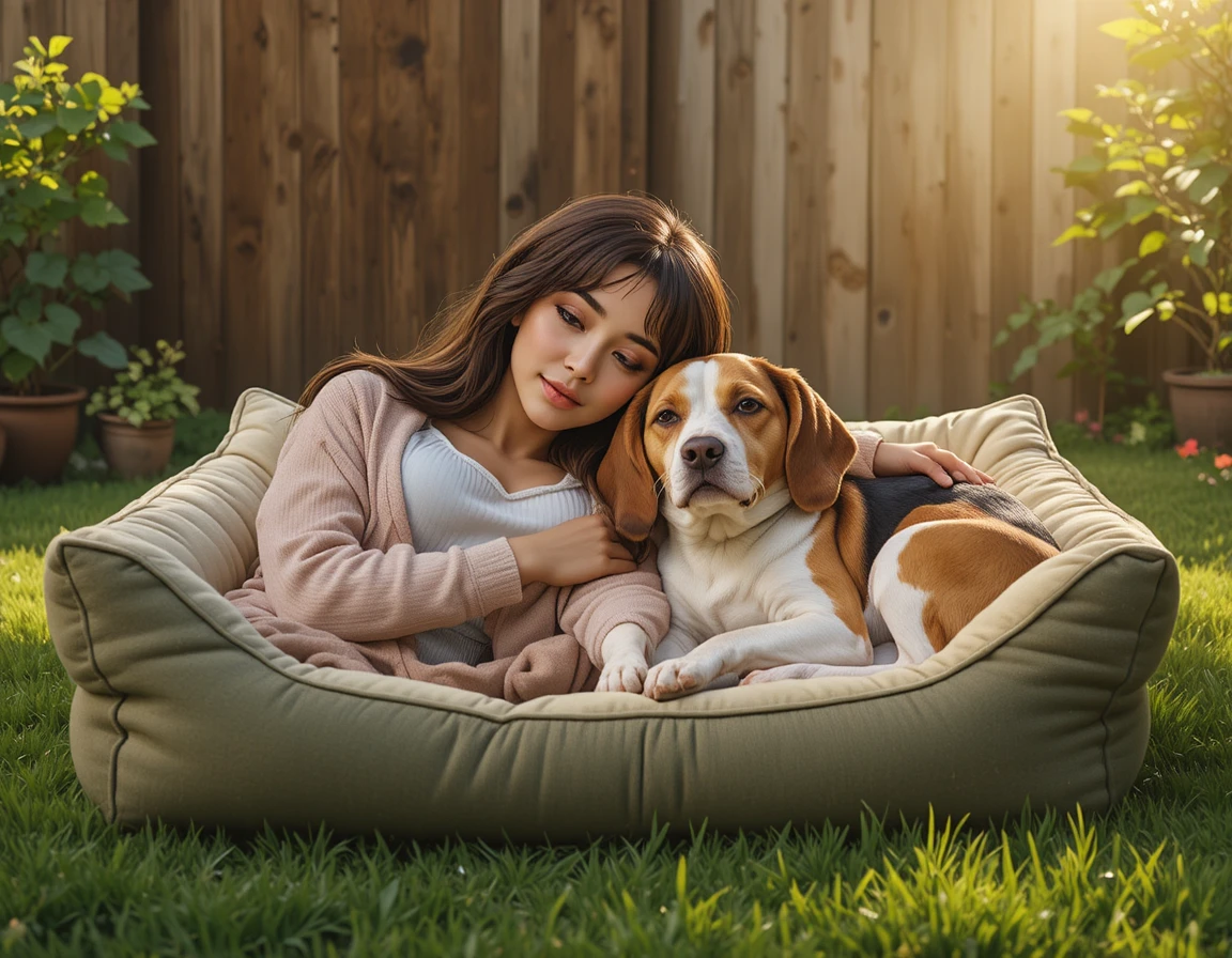 Dois cães de estimação dormindo juntos em uma cama de jardim ensolarada