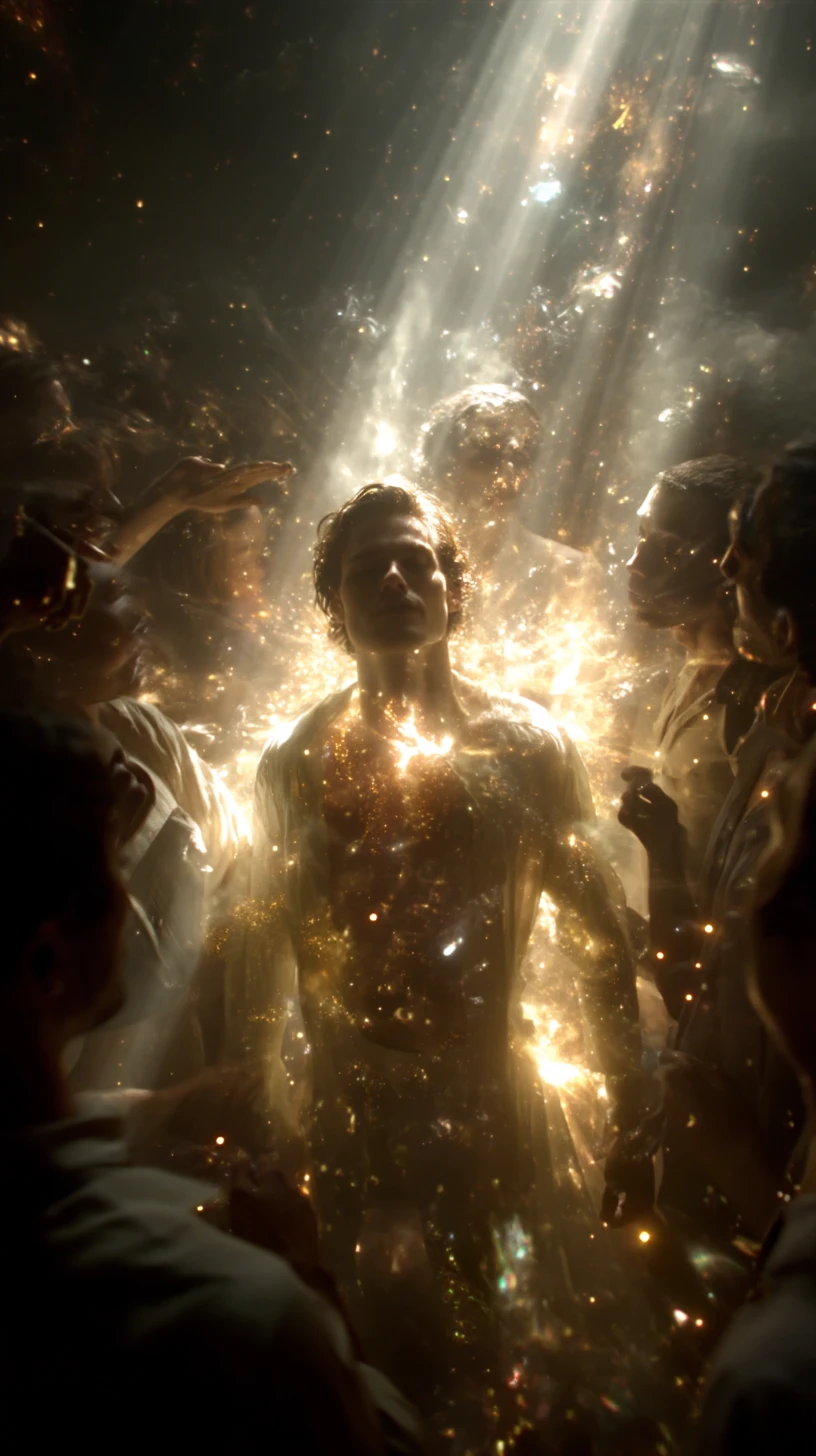 Divine golden transformation illuminating a group in awe