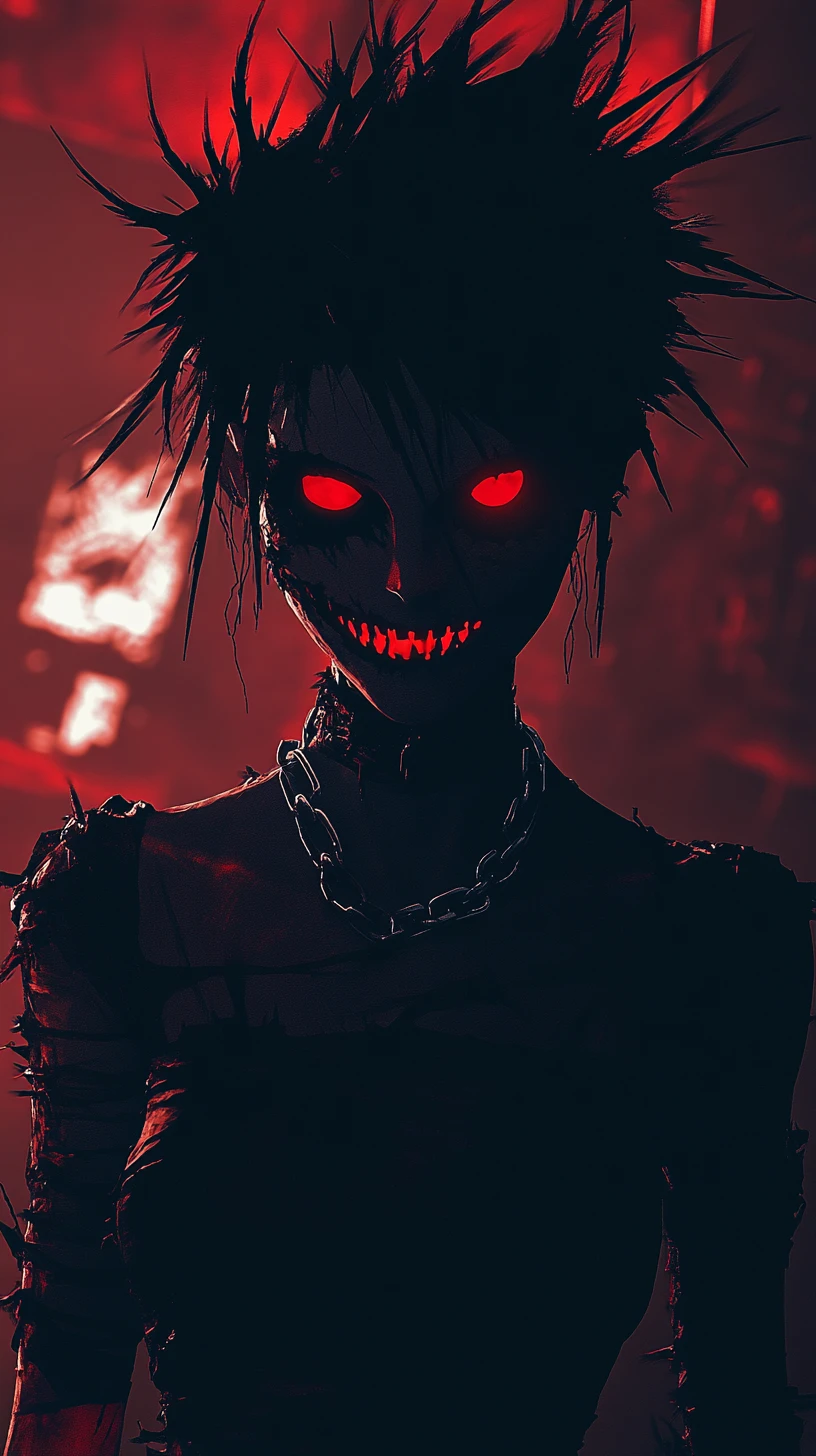 Düsterer Anime-Shinigami in Frauengestalt mit leuchtend roten Augen