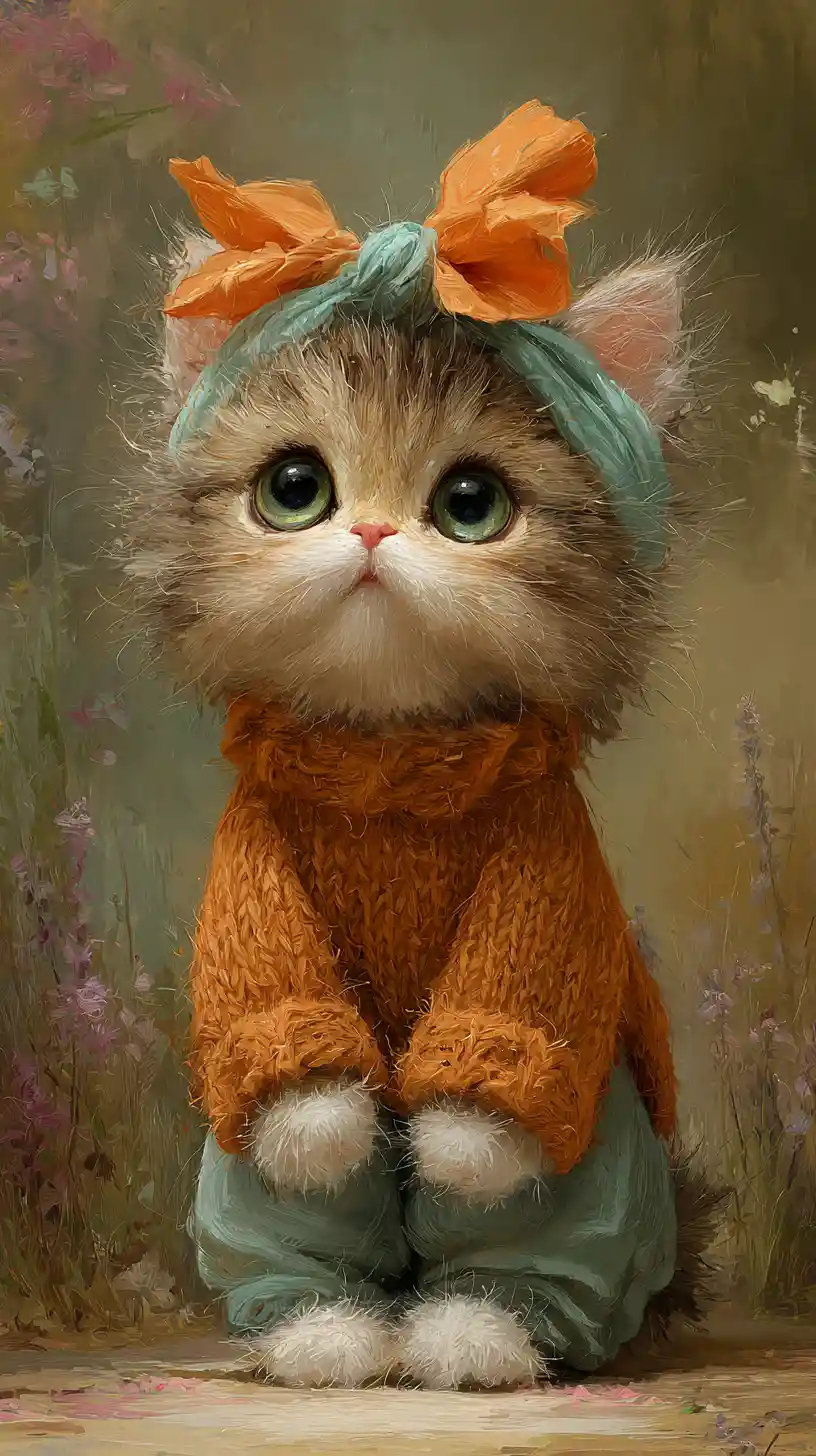 Fluffy cartoon kitten in cozy autumn sweater and bow