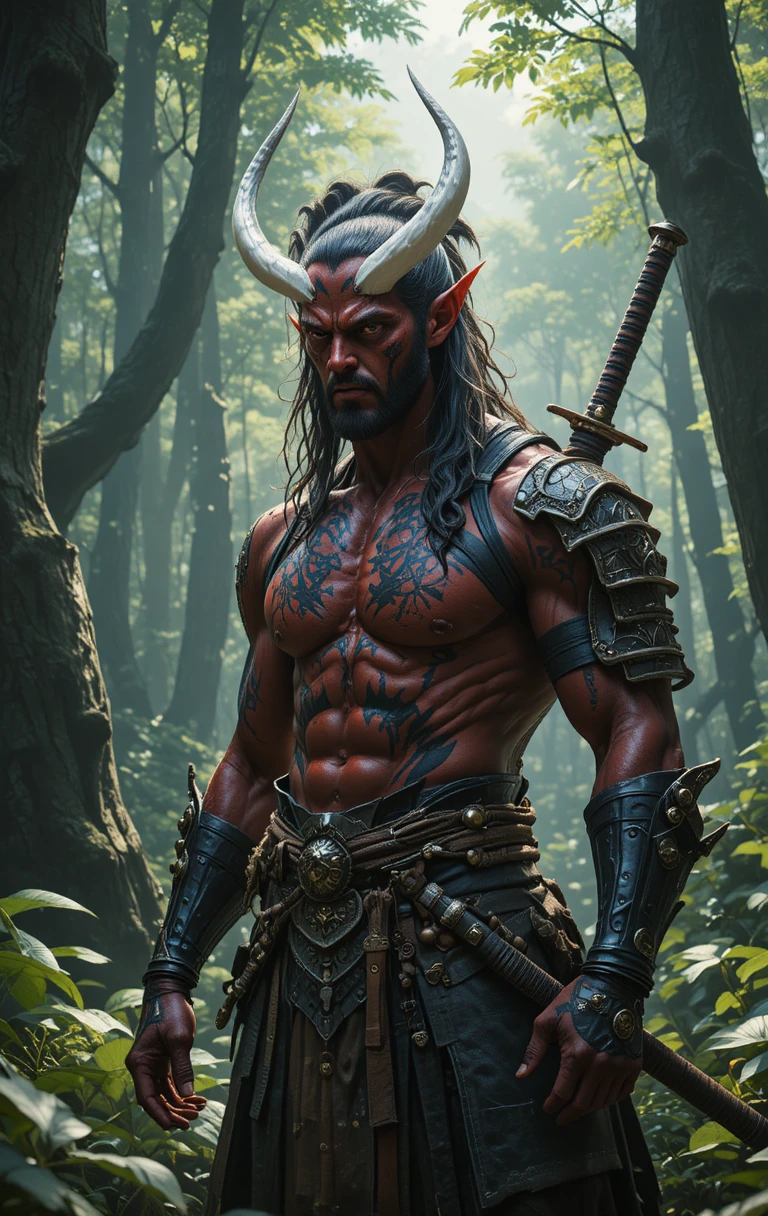 Guerreiro demônio vermelho em armadura de samurai em uma floresta exuberante