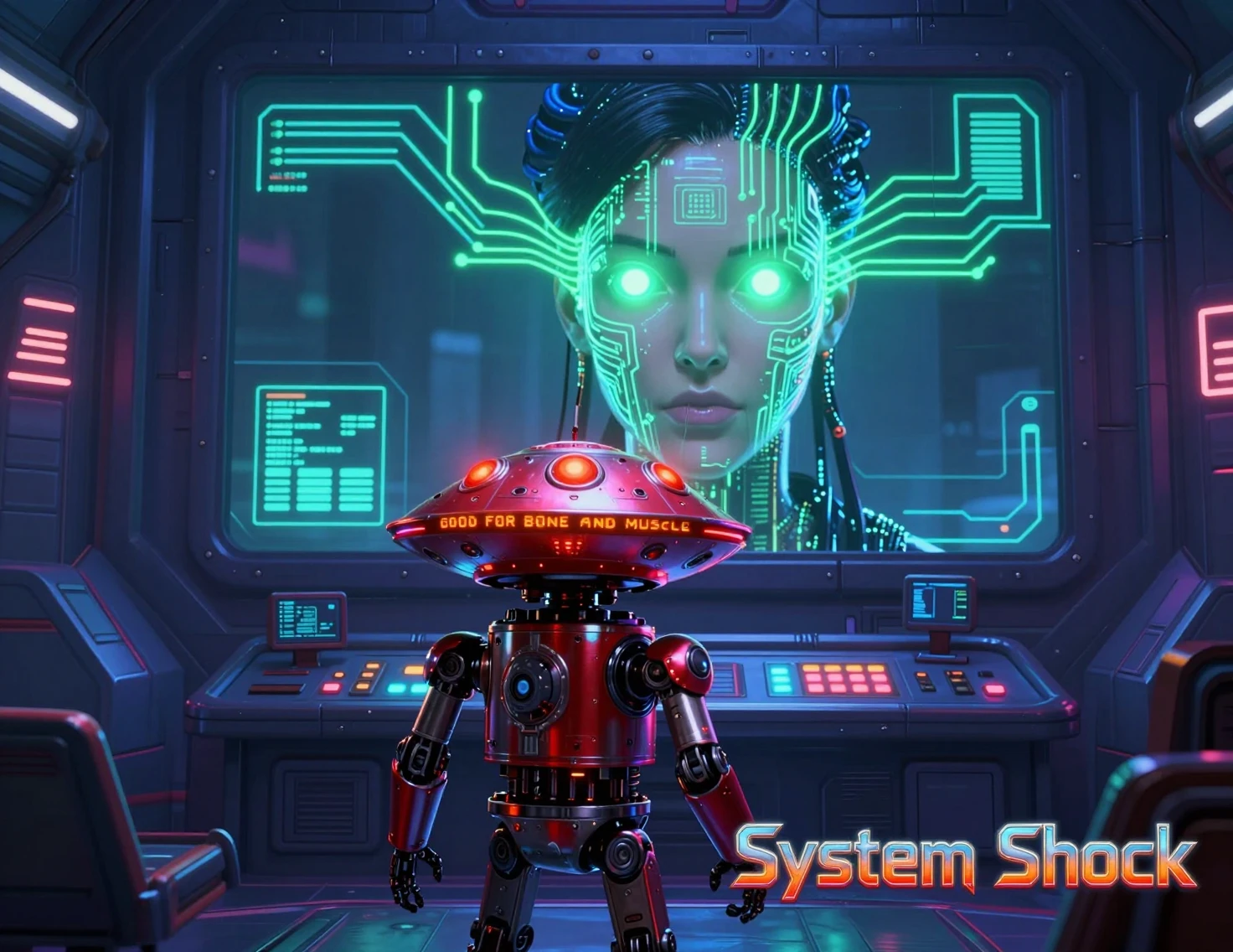 Robô futurista diante de uma tela ameaçadora de IA ciborgue
