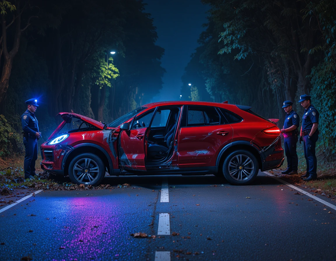 Cena de acidente de carro à noite com polícia em estrada escura na floresta