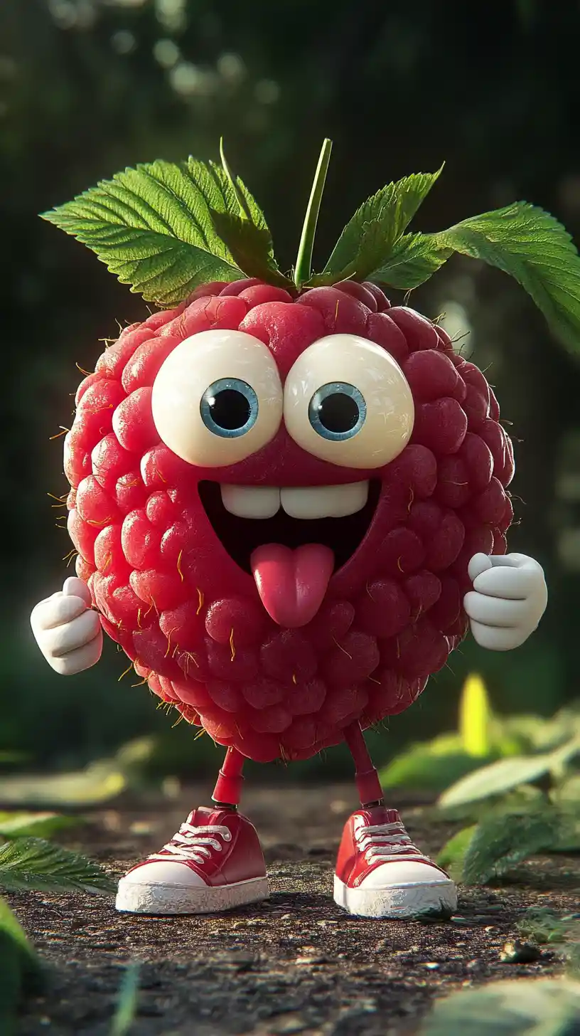 큰 눈과 혀를 내민 장난스러운 만화 라즈베리 캐릭터