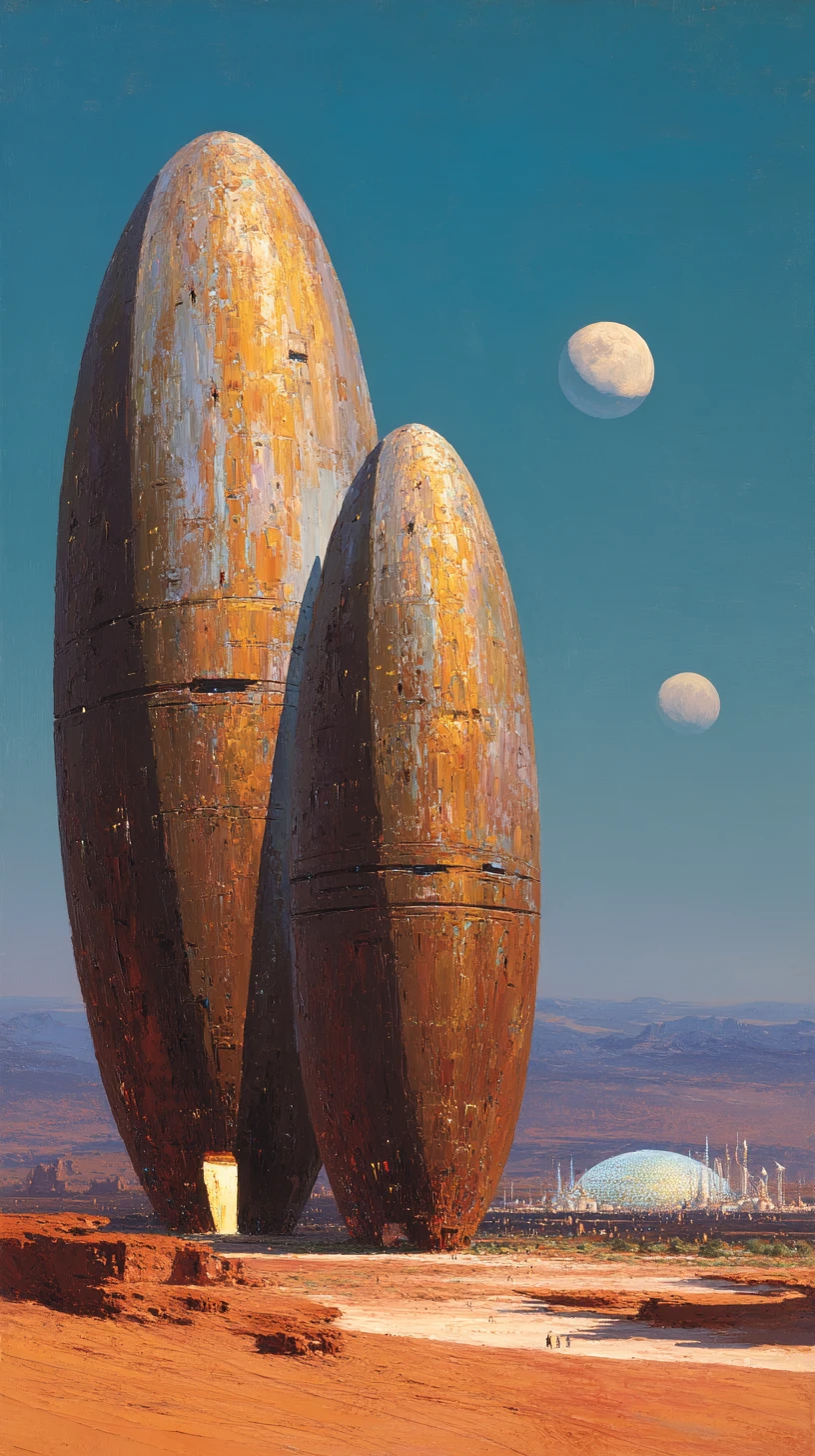 Colossais monólitos alienígenas erguendo-se das planícies de deserto vermelho-ferrugem