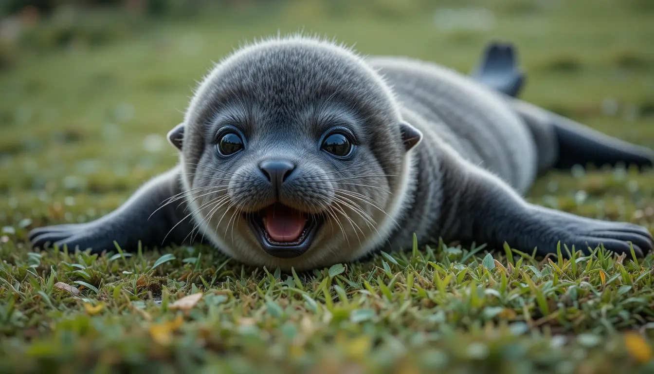 Cute seal cub lying on grass with wide amber eyes