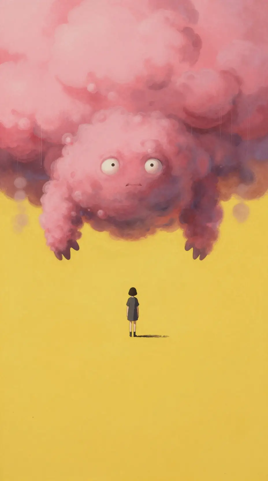 女人在黃色虛空中面對煙霧生物的畫作