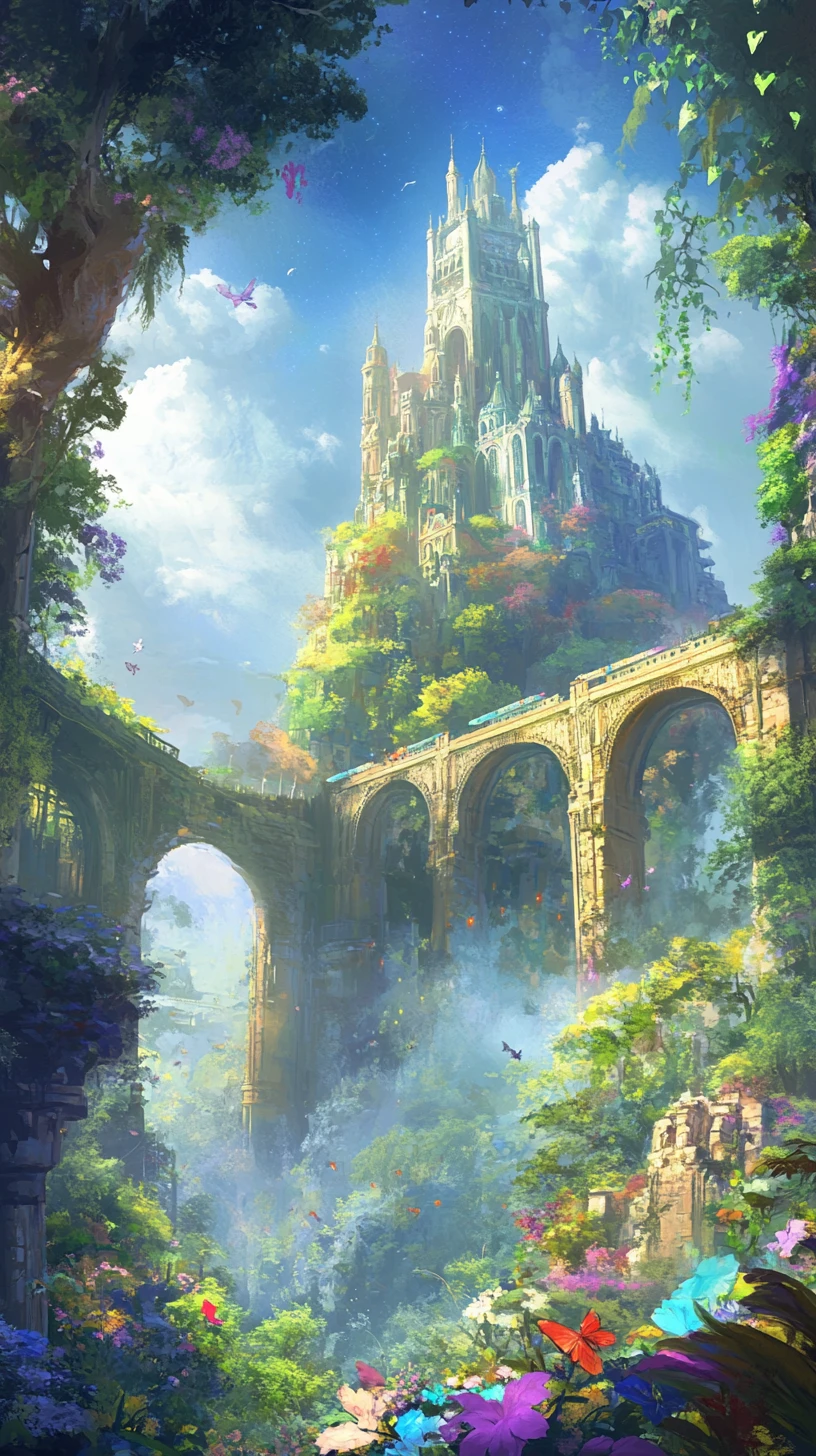 Porte de château enchanté dans une forêt luxuriante baignée de soleil