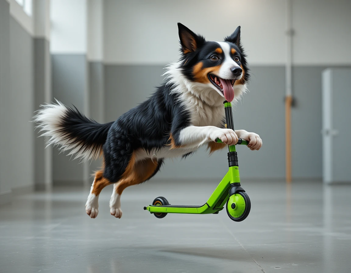 Border collie brincalhão voando em um patinete verde dentro de casa