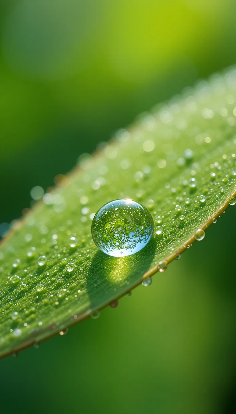 Goutte de rosée au soleil sur une feuille vert vif en gros plan