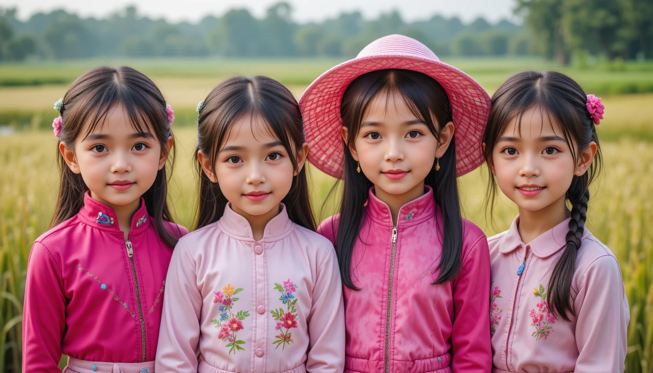 Quatro meninas vietnamitas jovens em pé ao lado de campos de arroz verdes