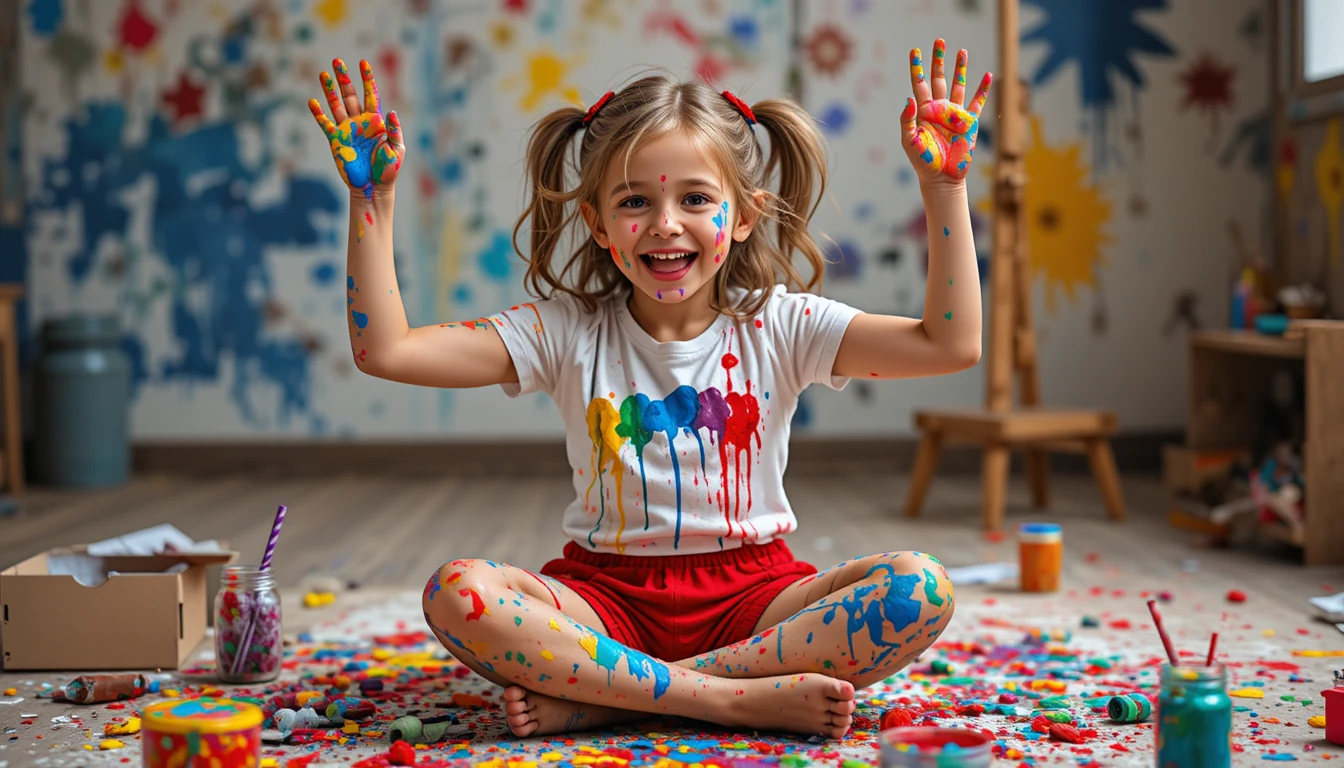 Happy young girl covered in colorful paint sitting on floor