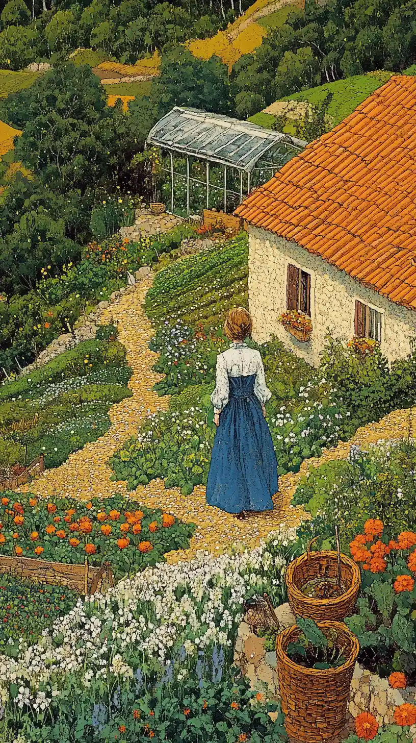 Mädchen im blauen Kleid auf einem Frühlingsgartenweg