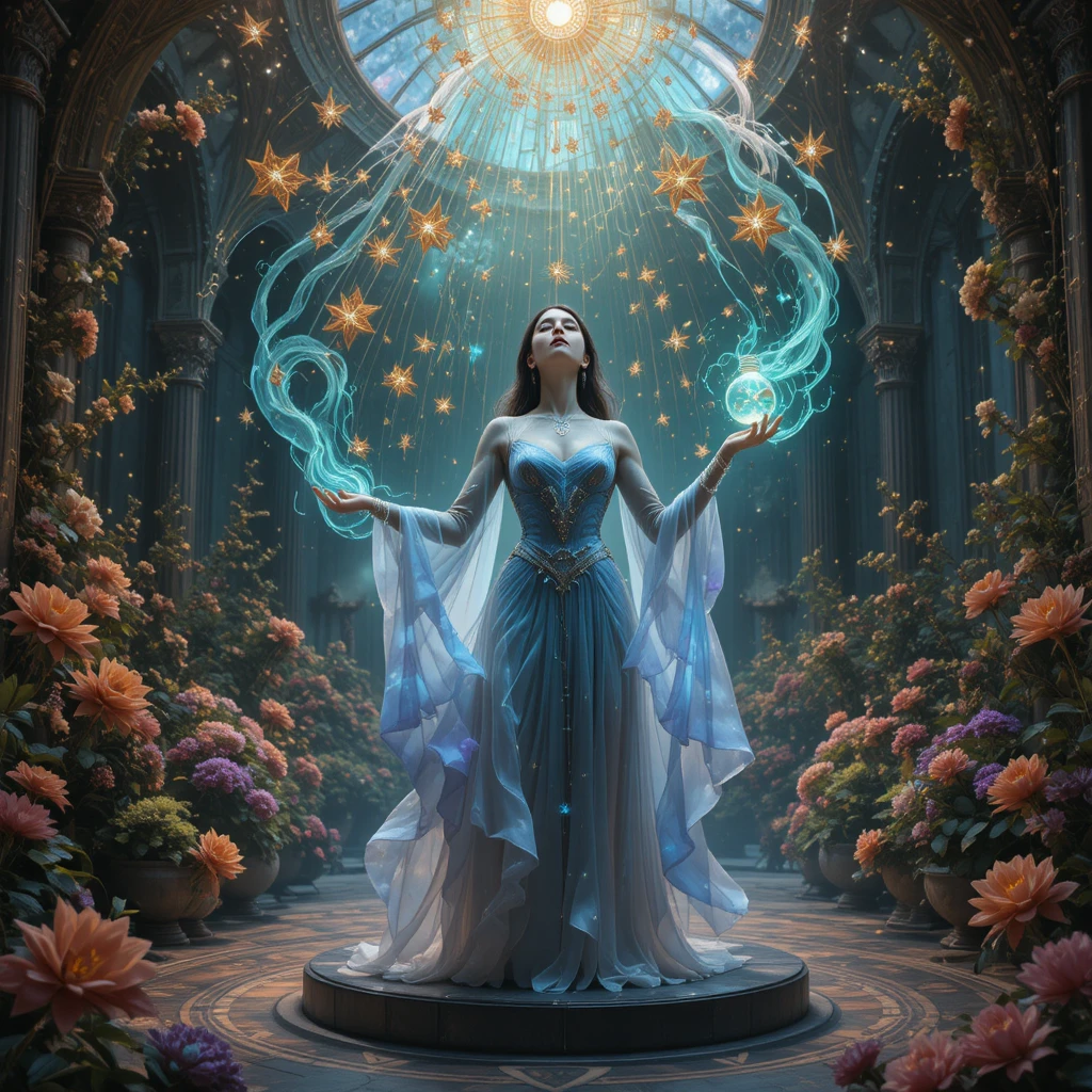 Celestial maiden channeling magic beneath a crystal dome