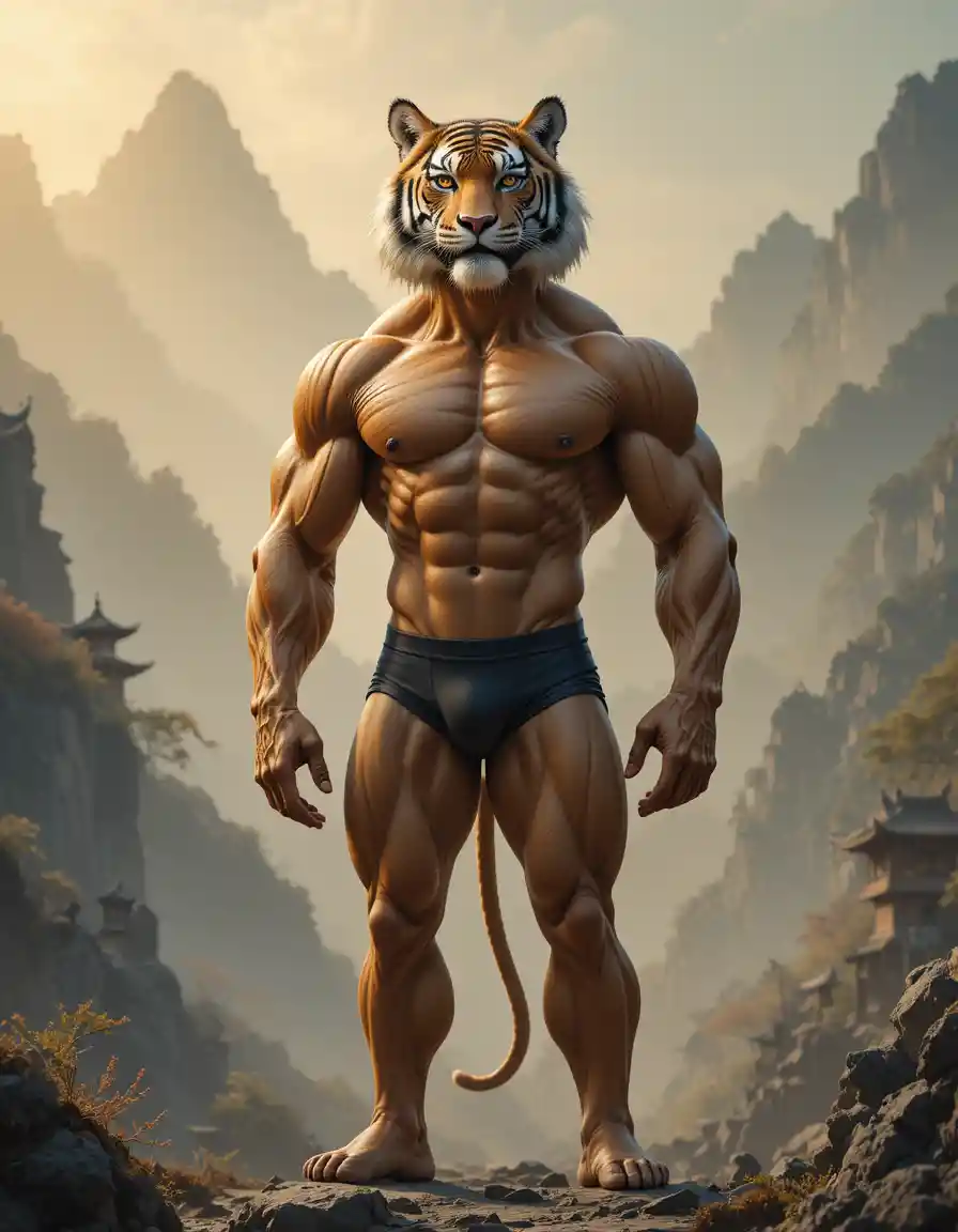 안개 낀 산속의 위엄 있는 의인화 호랑이 보디빌더