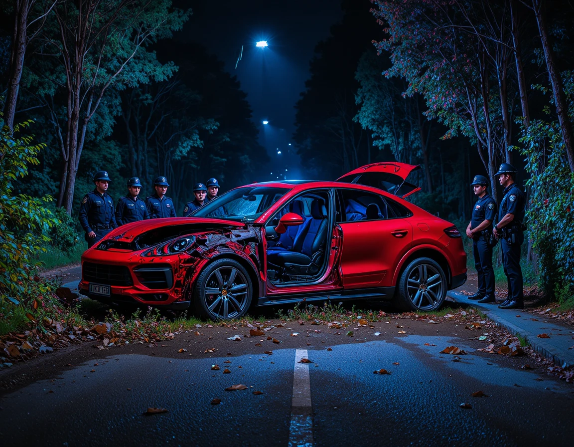 Polícia noturna em cena de acidente com carro esportivo vermelho
