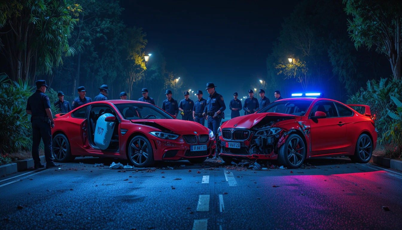 Nachtunfall mit zwei roten Sportwagen und Polizei