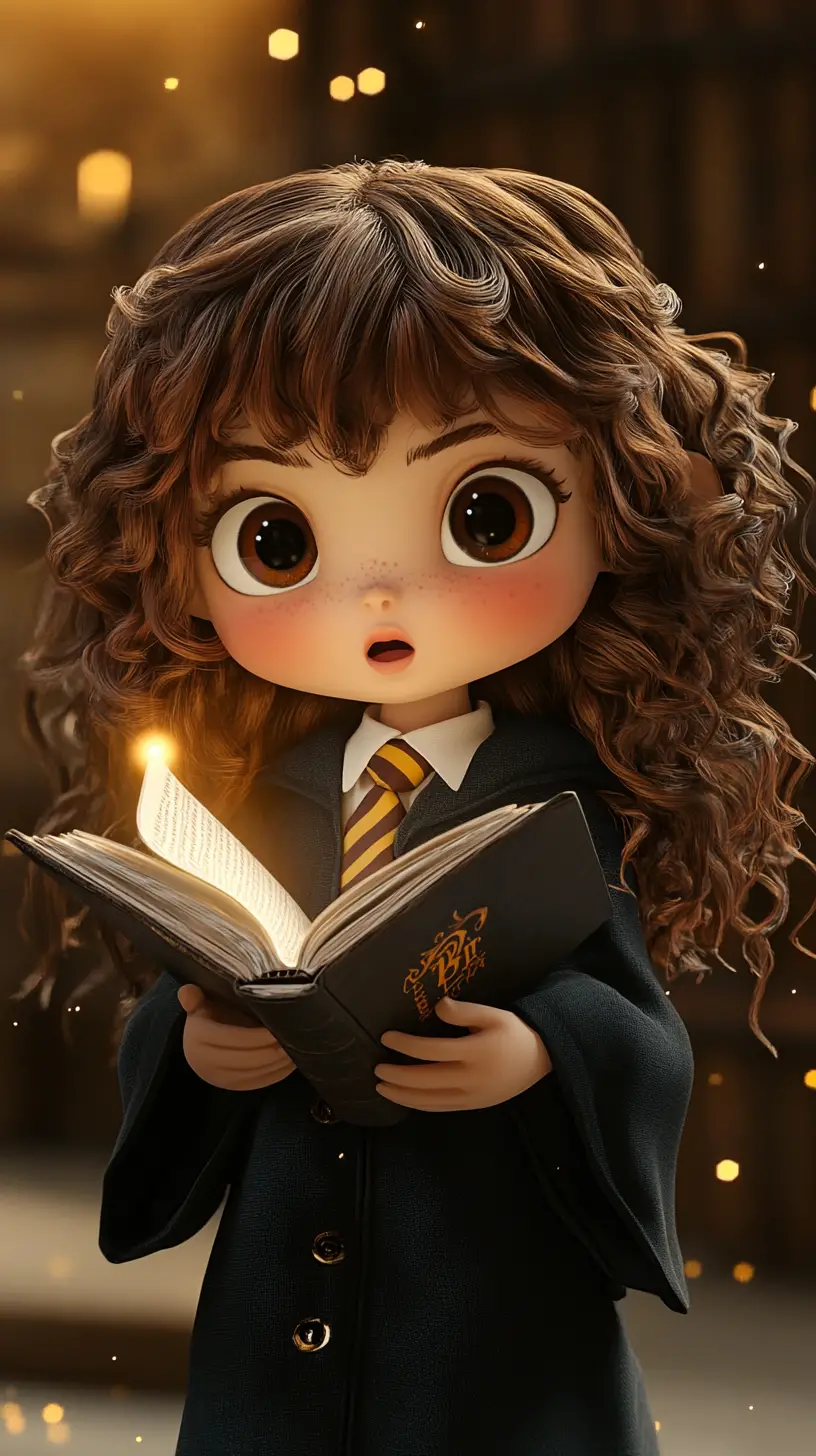 Garota bruxinha chibi com grimório brilhante em biblioteca escura