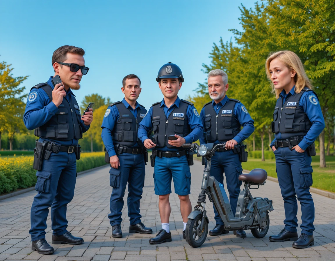 Agenti di polizia che controllano i telefoni accanto a uno scooter fermato