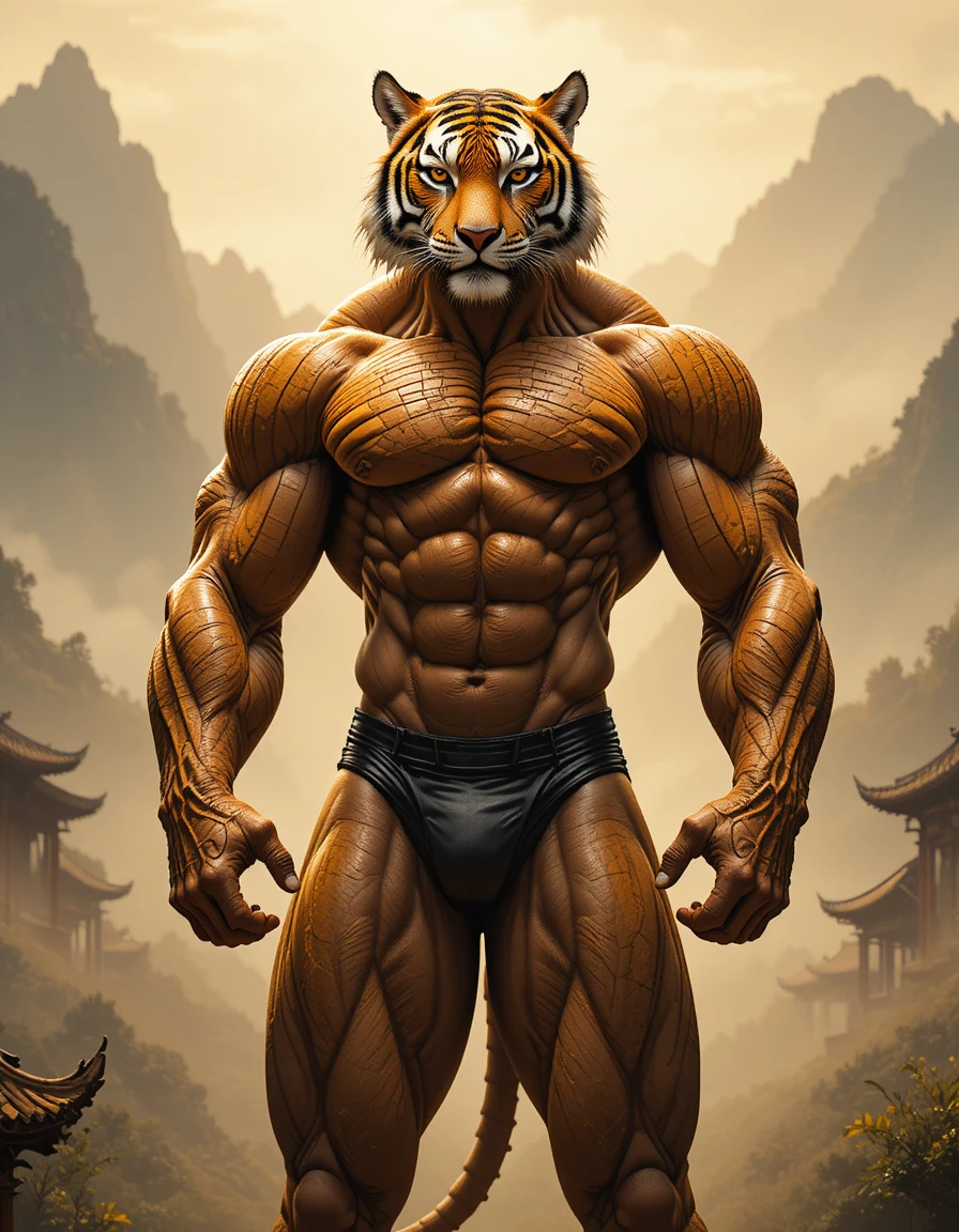 Muscular anthropomorphic tiger posing in misty mountain landscape