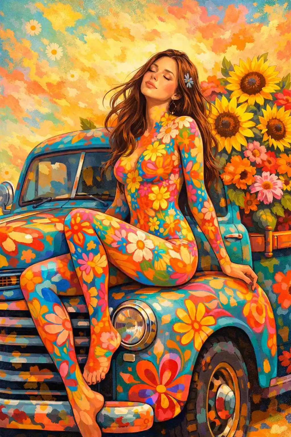 Floral painted woman resting on a vintage turquoise truck