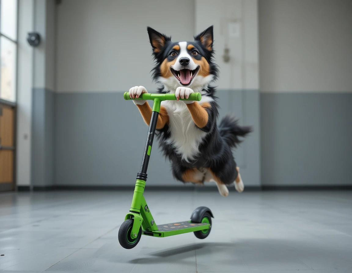 Border collie brincalhão pulando em um patinete verde