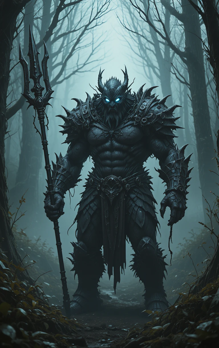 Guerrier bestial en armure avec masque lumineux dans une forêt sombre