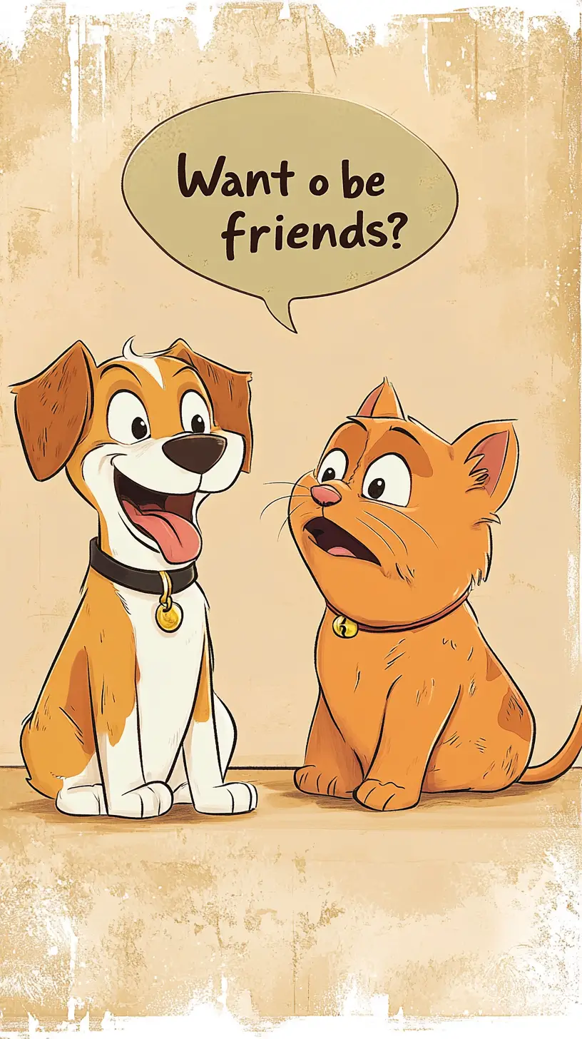 Chien de dessin animé enjoué et chat grincheux face à face
