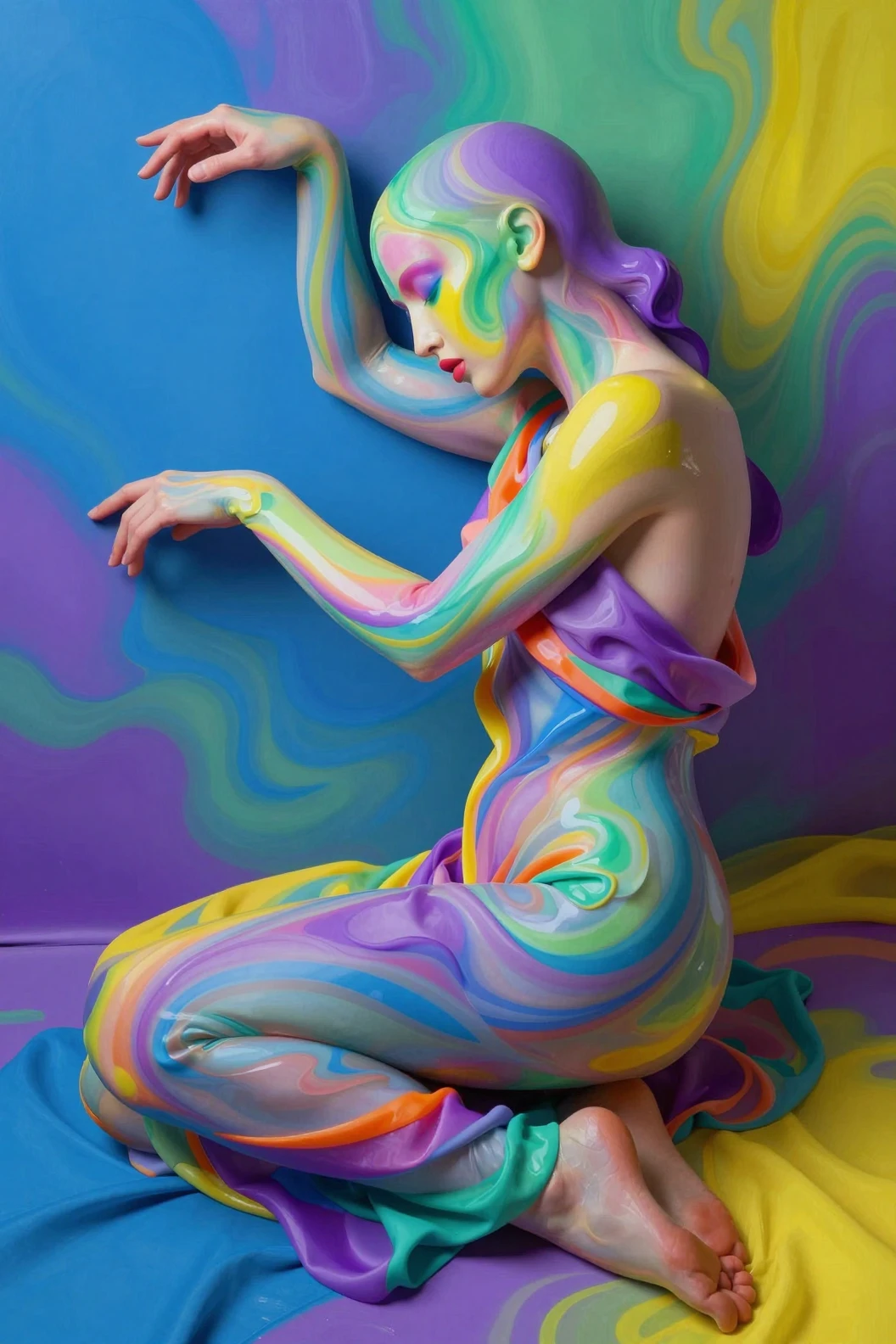 Figura feminina abstrata envolta em seda arco-íris fluida