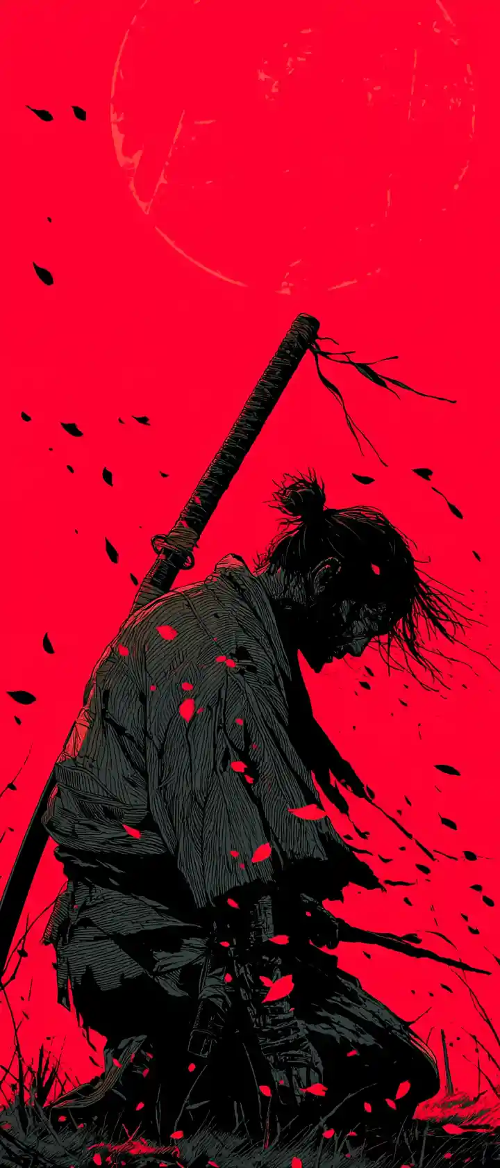 Guerriero samurai in ginocchio da solo in una foresta insanguinata